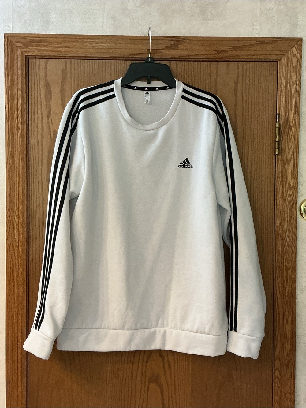 adidas Men’s / Unisex White Crewneck Sweatshirt with Black Three-Stripes